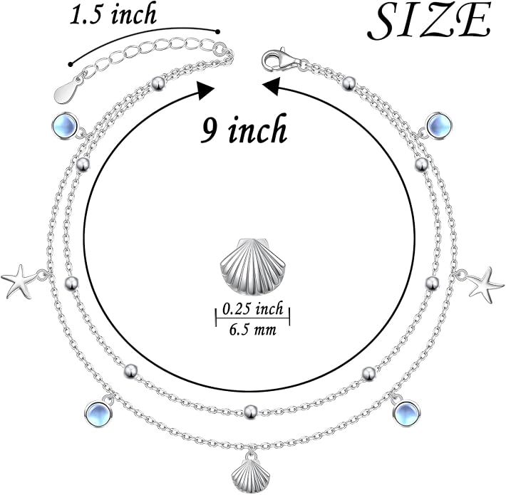 Ladytree S925 Sterling Silver Boho Beach Double Layer Anklets Bracelet for Women Adjustable 9 to 11 inches