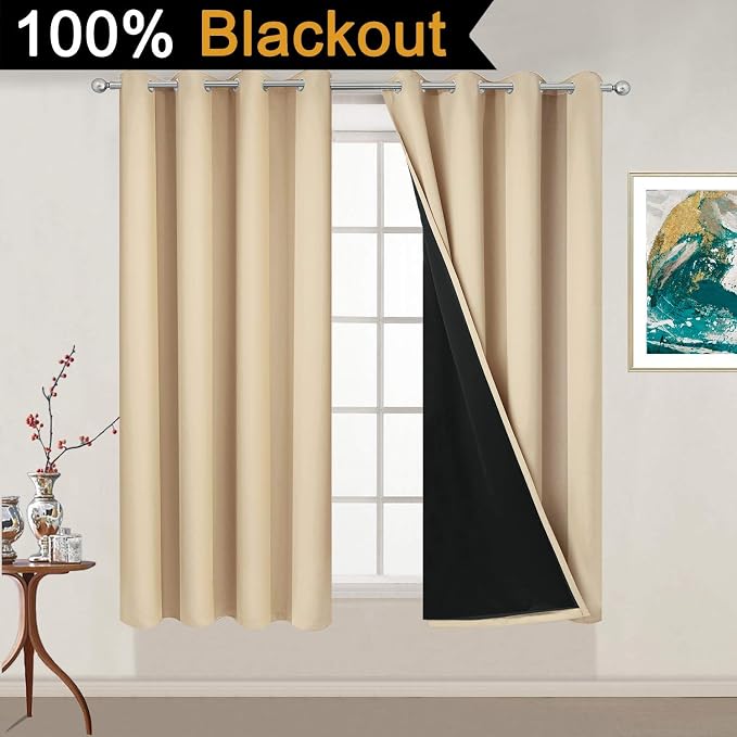 Yakamok Beige 100% Blackout Curtains 54 Inches Long for Bedroom 52" Wide | Blackout Curtain Panels for Bedroom, 2 Thick Layers Grommet Top Thermal Insulated Drapes with Black Liner for Living Room