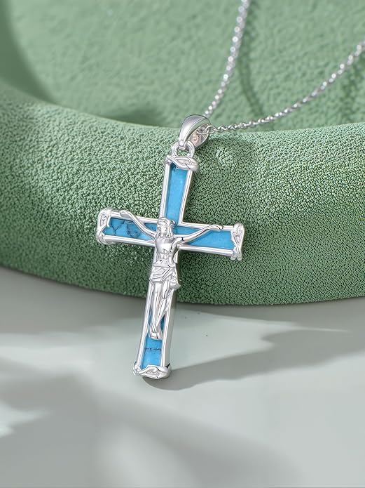 HPQQ Cross Necklace 925 Sterling Silver Turquoise Tree of Life Celtic Knot Cross Pendant Jewelry Mother's Day Gifts for Women