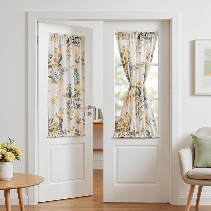 MYSKY HOME Floral Linen French Door Curtains 40 inch Long 2 Panels for Front Door Light Filtering Privacy Semi Sheer Window Curtains with Rod Pocket, Yellow and Blue, 24" W Each Panel