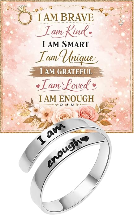 I Am Enough Ring For Women, Self Love Silver Open Band Gold Rings Card Engraved Motivation Stackable Inspirational Neighbor Bestie Friendship Jewelry