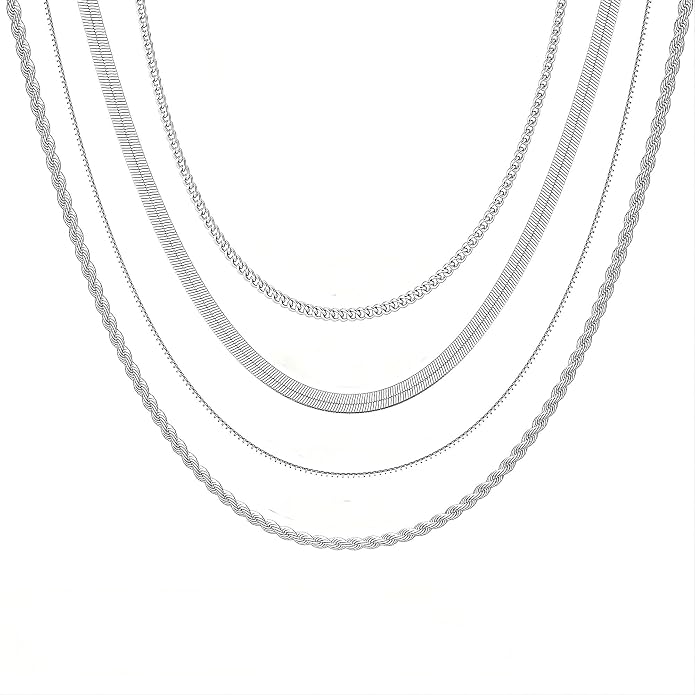 Tewiky Layered Necklaces for Women Non Tarnish- Chunky 14k Gold Plated Herringbone/Snake/Rope/Box/Cuban Link Chain for Women Waterproof Layering Stack Choker Necklace Trendy Dainty Tarnish Free Jewelry Set