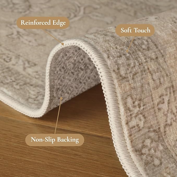 Bavni Vintage Floral Rugs 6X9, Washable Area Rug with Non Slip Backing, Low Pile for Living Room, Bedroom & Home Decor, Lightweight Carpet, Brown