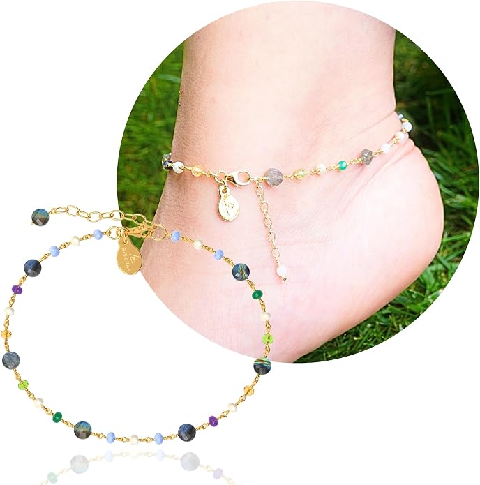 Dainty Gemstone Anklet for Women – 10 Inch Adjustable Anklet with 1 Inch Extender, Gold or Silver Plated Foot Jewelry, Minimalist Boho Style Gift