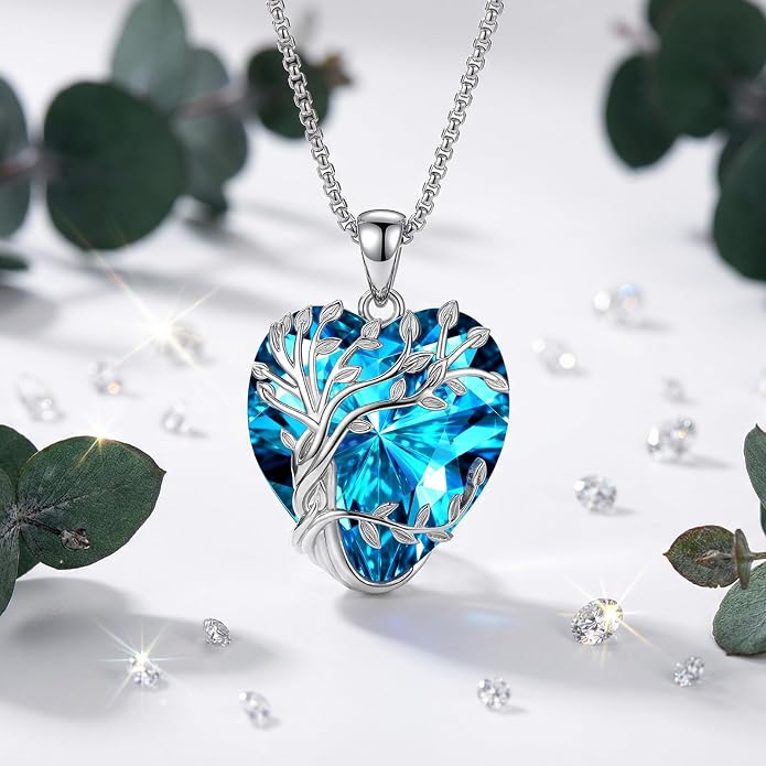 Eusense Tree of Life Necklace for Women White Gold Plated Copper Moonstone/Turquoise/Black Onyx/Crystal Birthstone Pendant Jewelry Gifts for Women Men