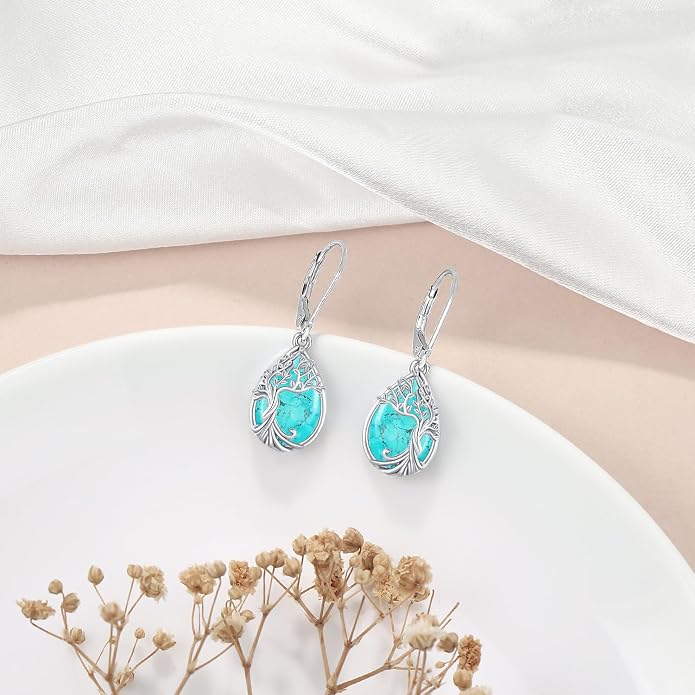 Odinstone 925 Sterling Silver Earrings Tree of Life Teardrop Moonstone Dangle Drop Leverback Earrings for Women