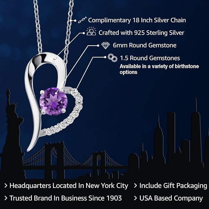 Gem Stone King Heart Shape Pendant Necklace For Women | 925 Sterling Silver | 6MM Round Gemstone Birthstone | Heart Necklace For Women | With 18 Inch Silver Chain