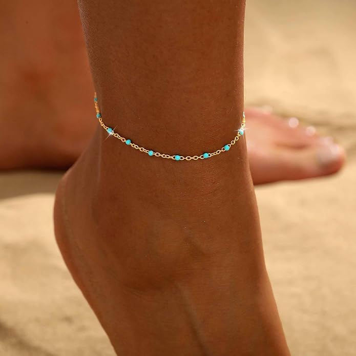 Ankle Bracelets for Women 14K Gold/Silver Plated Cross Heart Bead Anklet Waterproof Adjustable Chain Non Tarnish Cute Boho Trendy Dainty Summer Beach Foot Jewelry Gift for Her