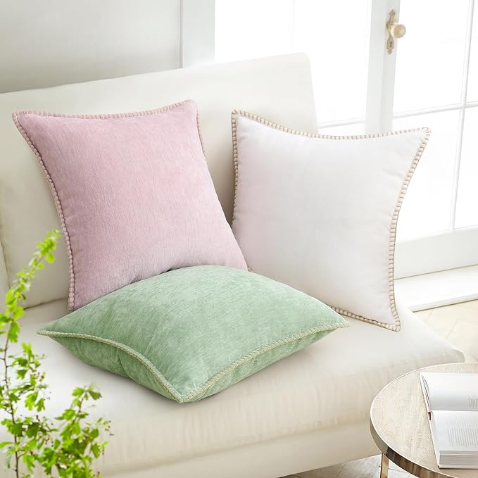 decorUhome Soft Chenille Throw Pillow Covers 26x26 Set of 2 Blush Pink | Fall Textured Decorative Throw Pillow Cases Stitched Edge Modern Farmhouse Luxury Boho Velvet for Couch Sofa Bed Home Decor