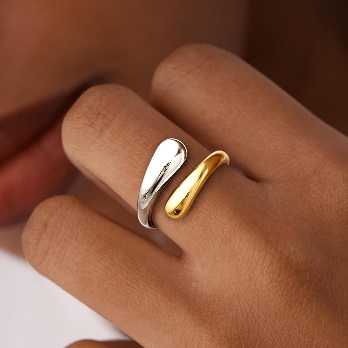 Non Tarnish Gold Chunky Rings for Women, 14K Gold Plated Statement Dome Rings Stacking Silver, Adjustable Mens Eternity Wedding Band Mixed Metal Jewelry Size 3-13