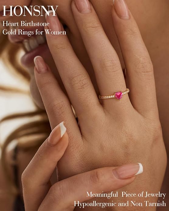 Honsny Heart Birthstone Gold Rings for Women Non Tarnish 14K Gold Plated Stackable CZ Gemstone Emerald Pinky Ring Dainty Engagement Promise Rings for Her Waterproof Jewelry Graduation Gifts Size 6-10