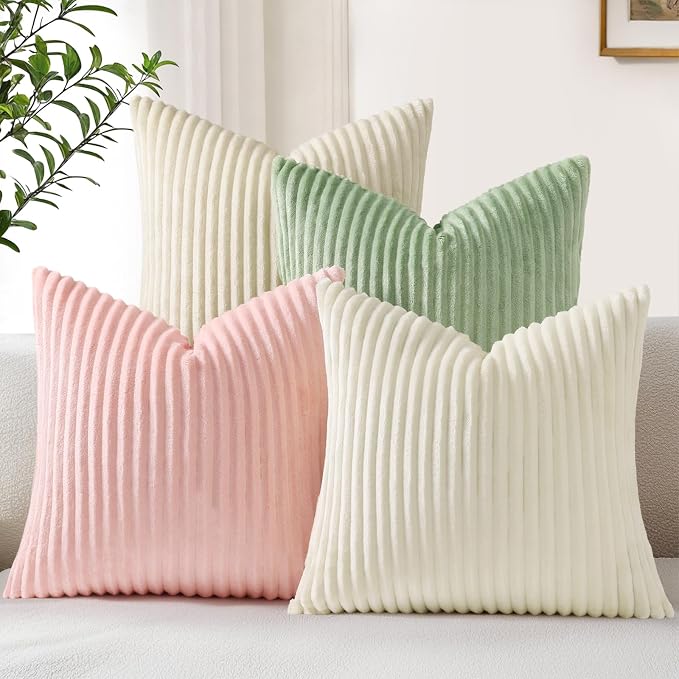 decorUhome Flannel Neutral White Throw Pillow Covers 20X20 Set of 4 | Decorative Fall Soft Fluffy Striped Double-Sided Couch Pillow Covers, Modern Farmhouse Pillow Cases for Sofa bed Home Decor