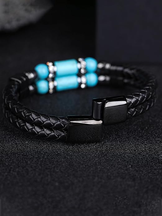 Mens Leather Turquoise/Tiger Eye/Obsidian/Lava Stone Bracelet–Braided Multi‑Layer Wristband Cuff Bangle Barcelet–Jewelry Box and Pouch Packing