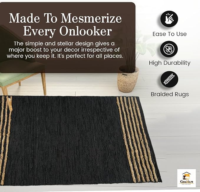 GRUHUM Jute Runner Rug 2'6"x4' ft Natural Fiber Leather Black Jute Area Rug Handwoven Boho Farmhouse Braided Rustic Vintage Ecofriendly Indoor Rugs for Kitchen Living Room Bedroom Hallways Entryways