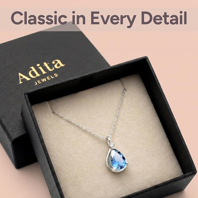ADITA GOLD Birthstone Necklace for Women, 925 Sterling Silver Teardrop Pendant, Simulated Gemstone, Birthstone Jewelry