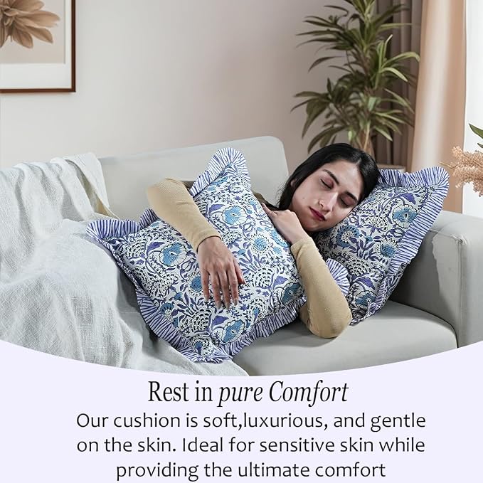 CPC Indigo Blue 100% Cotton Block Print Ruffle Pillow Cover 16X16 inch, Handmade Boho Floral Pillowcase, Farmhouse Cottagecore Bedding, Soft Decorative Cushion Cover for Bedroom Décor