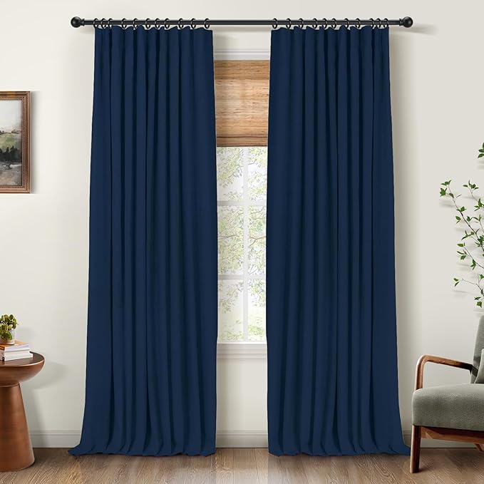 INOVADAY 100% Blackout Curtains for Bedroom, Midnight Blue Black Out Curtains 96 Inch Long, Clip Rings Linen Blackout Drapes, Thermal Insulated Room Darkening for Living Room, 2 Panels - W50xL96