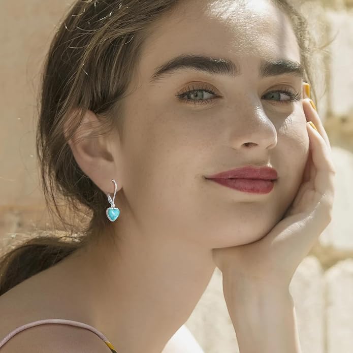 Heart Natural Turquoise Earrings for Women - Top AAA Grade, Hypoallergenic 925 Sterling Silver Leverback Dangle Earrings, Trendy Jewelry Gifts