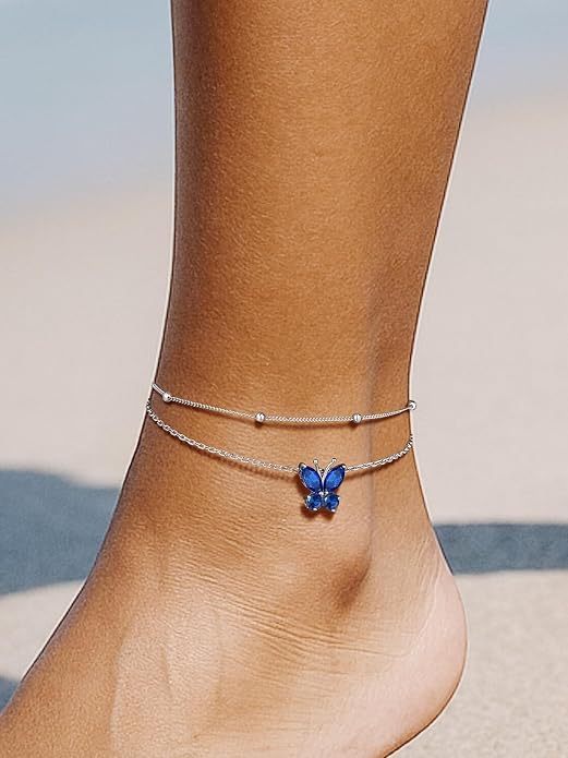 Richsteel Double Layer Heart/Butterfly Birthstone Anklet for Women Non Tarnish Waterproof, Silver/Gold/Black Stainless Steel 8.5-10.5 Inch Adjustable Chain Anklets Jewelry Gifts for Her