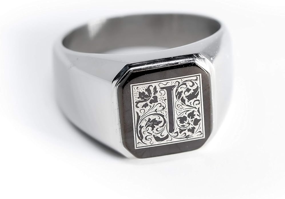 Jewelry | Stainless Steel Letter Alphabet Initial Ring | Square Flat Top Ring for Men & Women | Stainless Steel Jewelry, (Black, Gold, Silver), Size 7-16