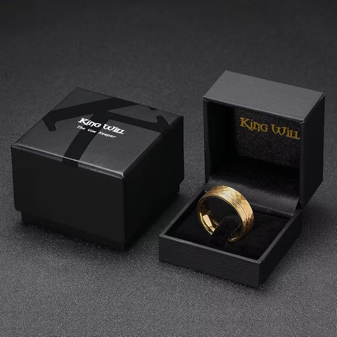 King Will Men's 8mm Tungsten Carbide Wedding Band, Hammered Faceted Diamond Cut Ring with Groove Inlay, Geometric Industrial Engagement Band for Men Women Comfort Fit Size 7-14