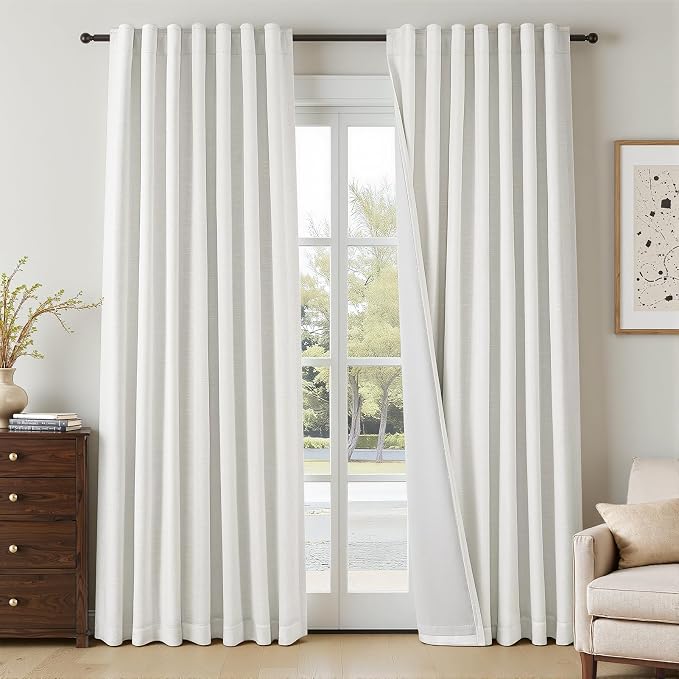 Topfinel Beige White 100% Blackout Linen Curtains 102 Inches Long Floor to Ceiling Room Darkening Curtains, Farmhouse Living Room Drapes Back Tab and Rod Pocket Boho Bay Window Treatment 52" W*102" L