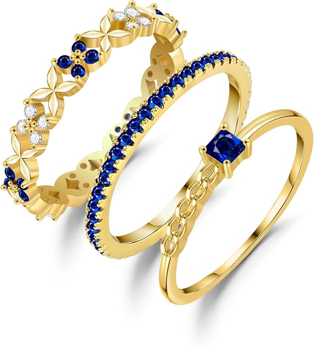 Dainty Stackable Rings for Women Sapphire Eternity Ring Set 18K Gold Plated Stacking Rings Non Tarnish Gifts for Women Size 5-10