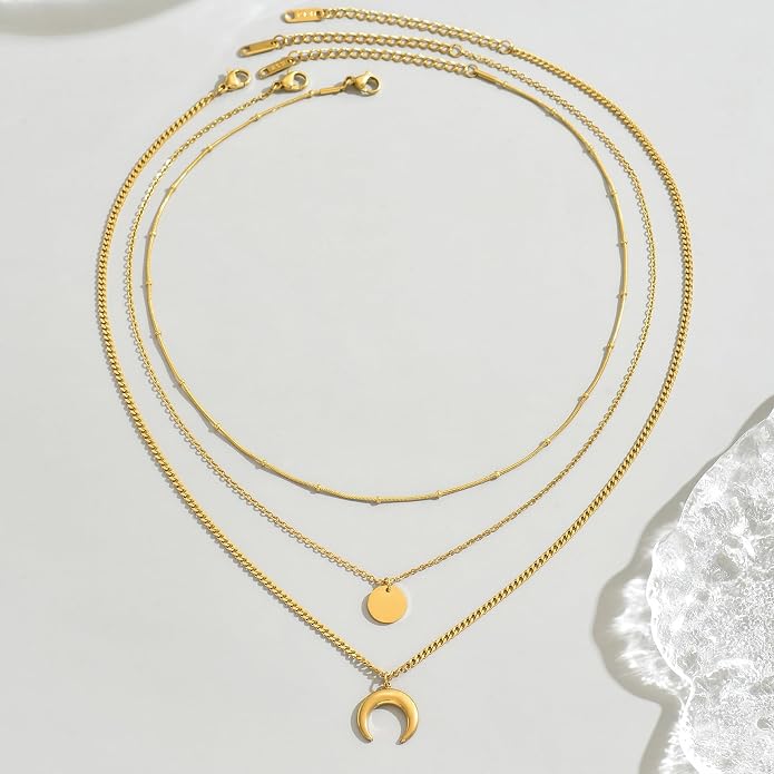 18K Gold Plated Layered Herringbone Necklaces for Women Dainty Layering Beaded Snake Chain Choker Moon Coin Pendant Necklace Trendy Stainless Steel Jewelry