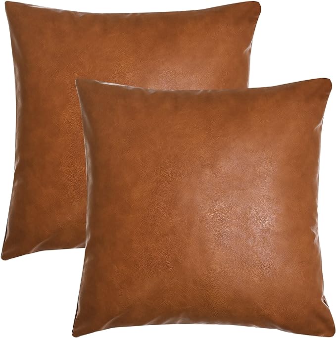Tosewever Faux Leather Throw Pillow Covers, 16 x 16 inch Set of 2 Luxury Cognac Brown Modern Pillowcases Solid Decorative Square Cushion Cases for Bedroom Living Room Couch Bed Sofa (Brown, 16" x 16")