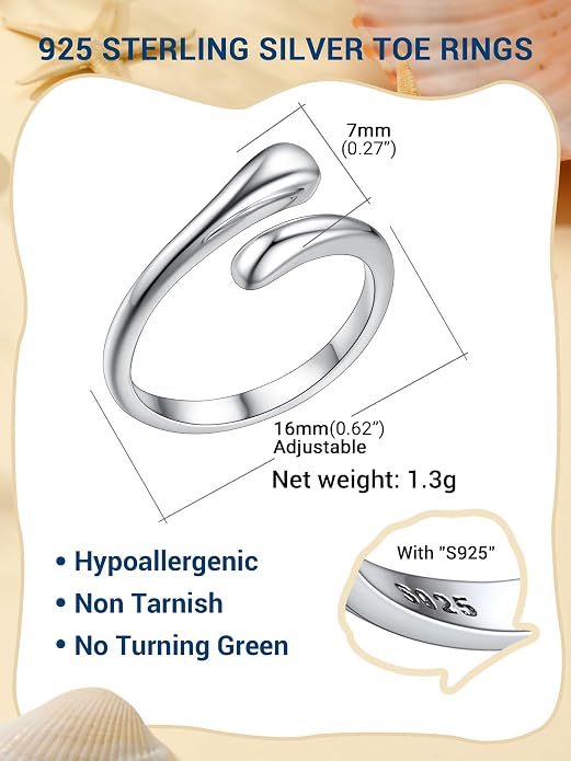 PROSILVER Adjustable Toe Rings for Women, Summer Beach Foot Jewelry, 925 Sterling Silver Open Toe Rings, Dainty Pinky Ring, Thumb Ring, Come with Box