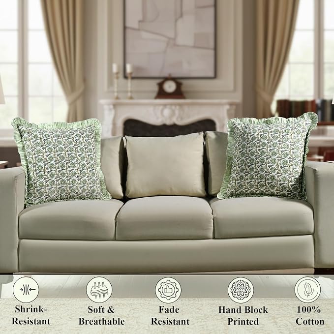 Ridhi Block Print Bloom Bubbles Throw Pillow Cover 18" x 18" (Pack of 2) Decorative Cushion Covers with Ruffle for Couch, Sofa, Bed, Living Room, Home Decor Gift for Spring, Easter, Valentine