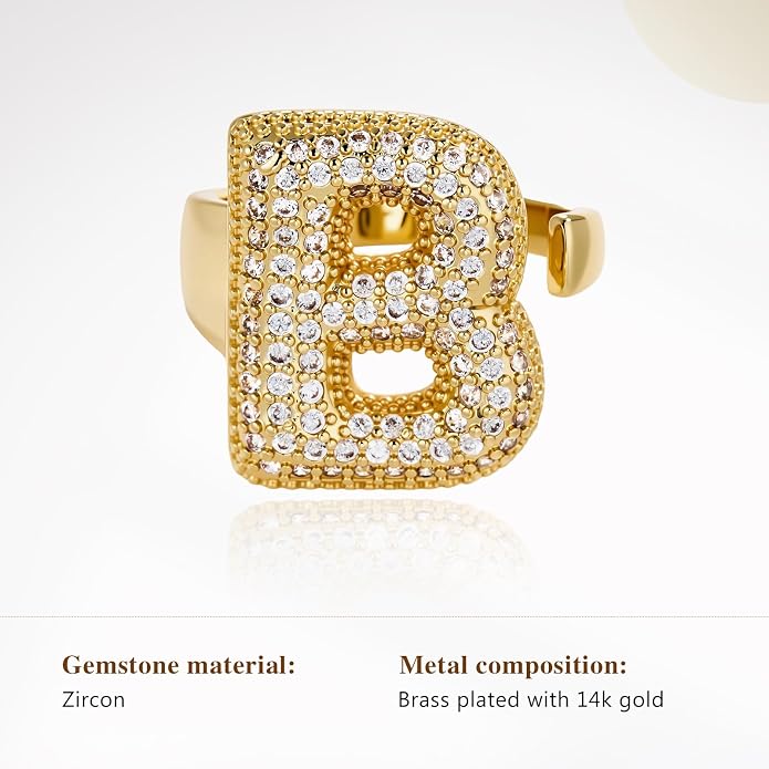 Cicy Bell Initial Rings for Women 14k Gold Plated Cubic Zirconia Delicate Letter Chunky Statement Open Rings Gifts for Her