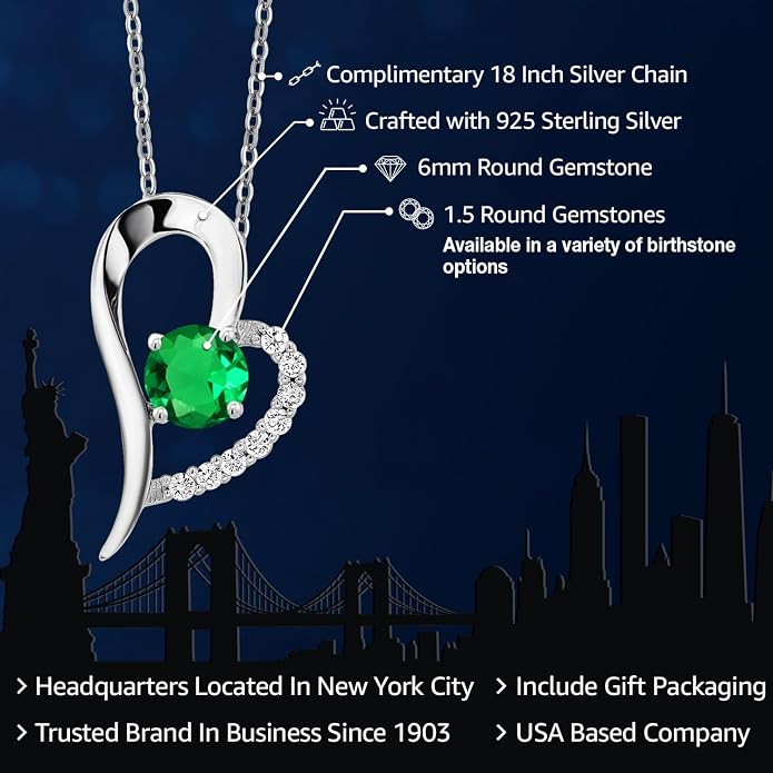 Gem Stone King Heart Shape Pendant Necklace For Women | 925 Sterling Silver | 6MM Round Gemstone Birthstone | Heart Necklace For Women | With 18 Inch Silver Chain