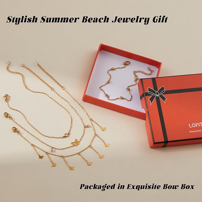 LOFITOR Ankle Bracelets for Women Glitter Waterproof Adjustable Anklet Set for Women 18K Gold Plated Silver Charm Dainty Layered Anklets, Summer Beach Anklet Jewelry for Women