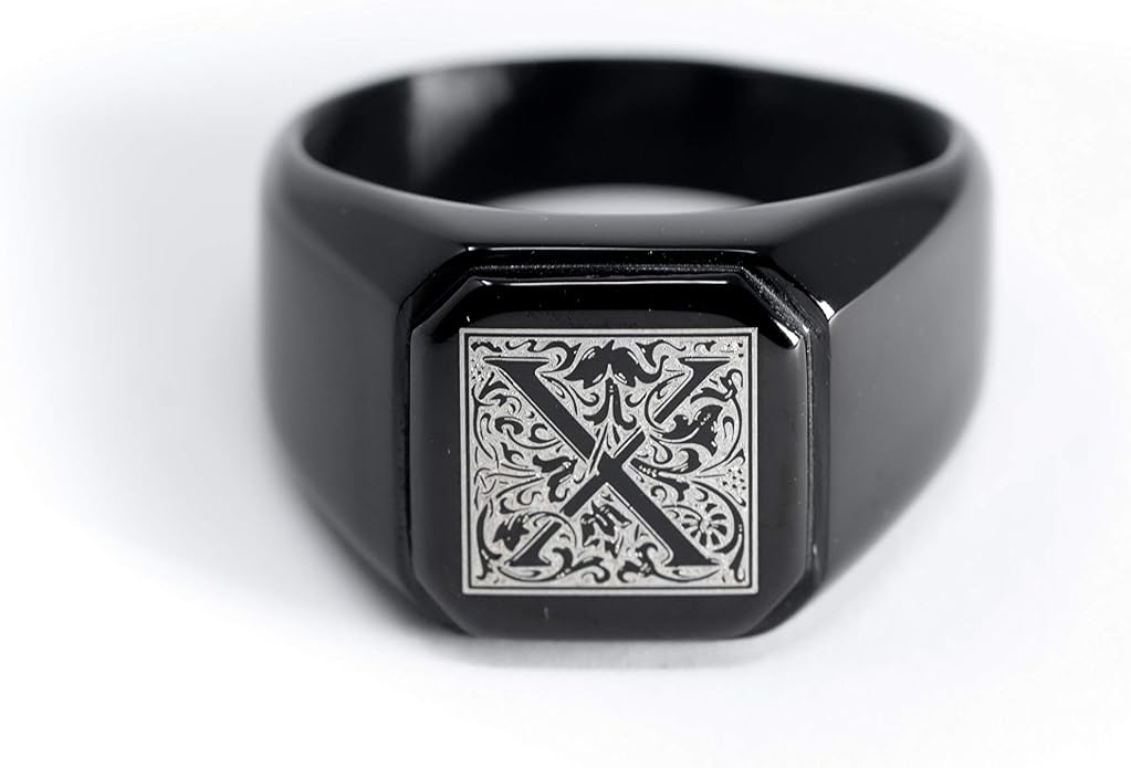 Jewelry | Stainless Steel Letter Alphabet Initial Ring | Square Flat Top Ring for Men & Women | Stainless Steel Jewelry, (Black, Gold, Silver), Size 7-16