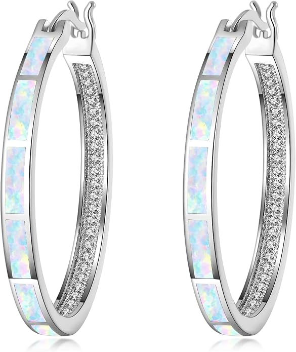 CiNily Opal Hoop Earrings,Women Jewelry Rhodium Plated/Rose Gold or Yellow Gold Plated Gemstone Big Hoop Earrings 32mm
