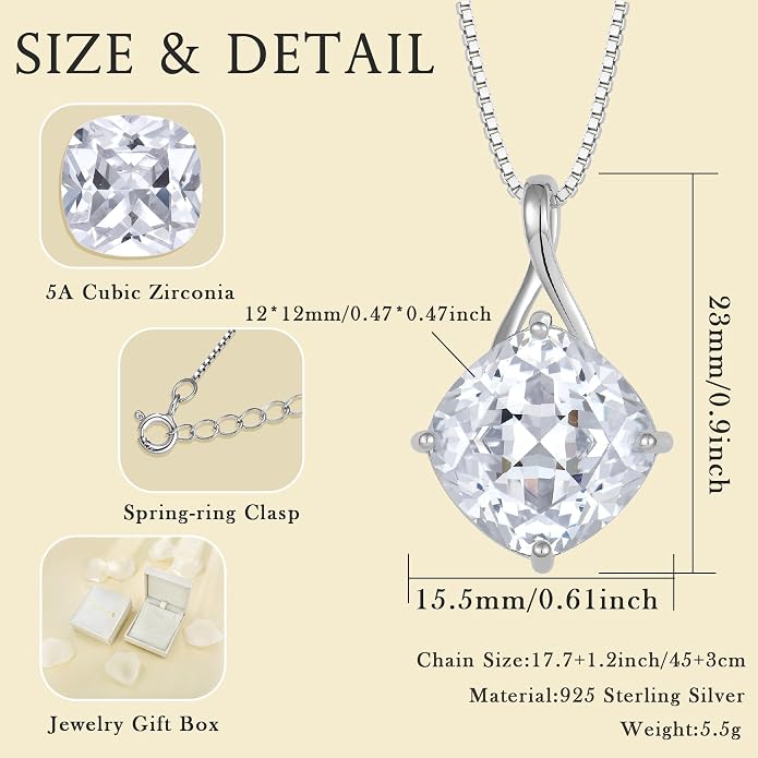 Square Cut Birthstone Necklace for Women Hypoallerg 925 Sterling Silver Cubic Zirconia Necklace Simple Jewelry for Her