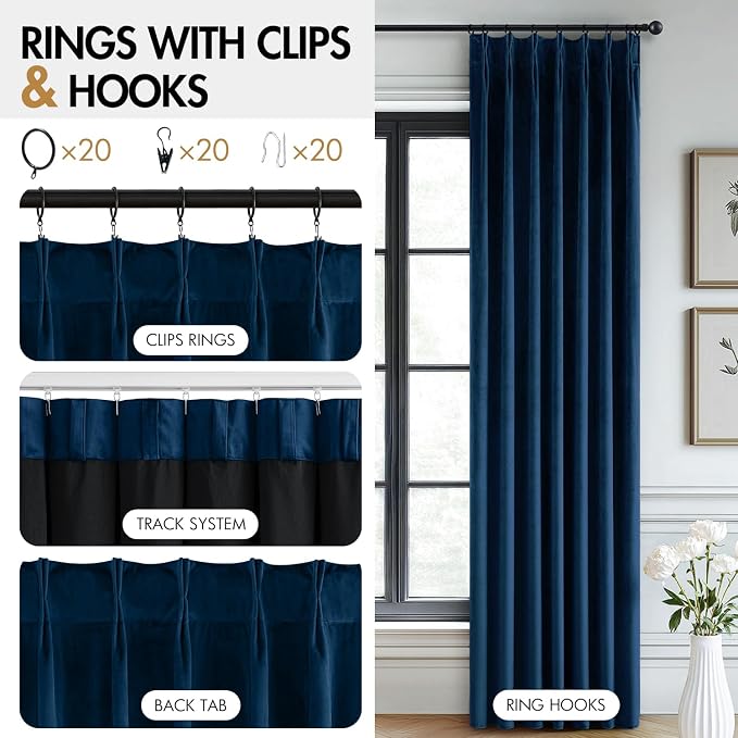 MIULEE Navy Blue Velvet Curtains 96 inches Long, Pinch Pleated Blackout Drapes with Hooks, Thermal Insulated Pinch Pleat Panels for Bedroom Living Room, 2 Panels