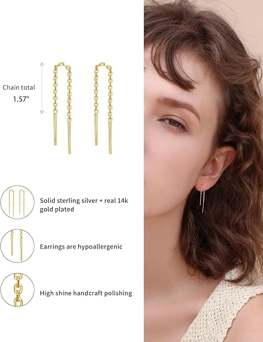 S.Leaf S925 Sterling Silver Threader Chain Earrings 18K Gold Plated Cubic Zirconia Dainty Dangle Double Piercing Long Drop Dangly Pull Through Tassel Chain Earrings Gifts for Women