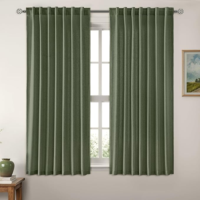 MIULEE Non-See-Through Privacy Linen Curtains 52W x 63L Inch Dark Green | 2 Panels, Light Filtering, Semi Sheer Window Curtains, Farmhouse Textured, Back Tab Drapes for Bedroom Living Room