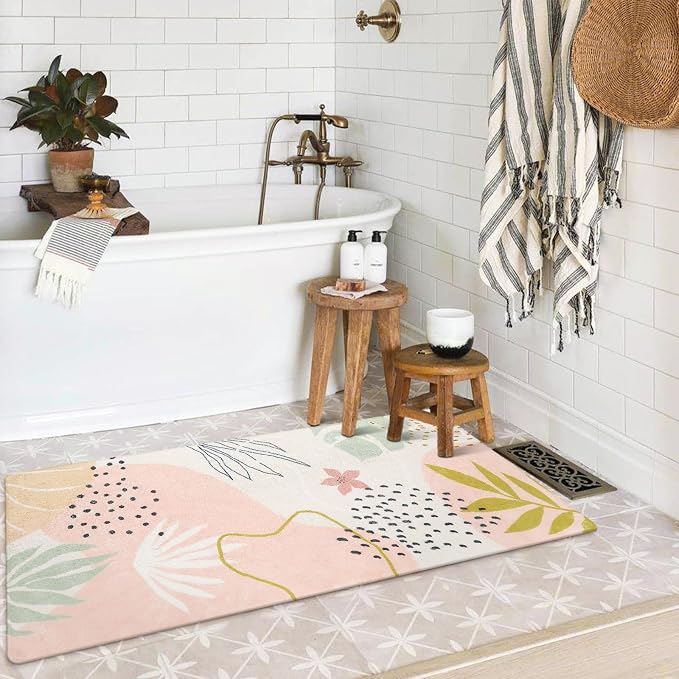 Lahome Washable Runner Rug for Hallway - 2x4 Non-Slip Throw Soft Bathroom Rug Runner Lightweight Pink Kitchen Mat, Boho Botanical Print Indoor Carpet Runner for Entrance Bedroom Laundry Living Room