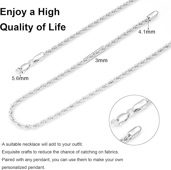 nometo Solid 925 Sterling Silver Box Chain Rope Chain Lobster Clasp Silver Chain for Men Silver Necklace Chain for Women 16/14/20/22/24/26/30 Inches