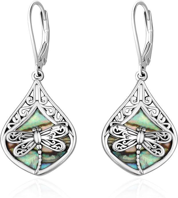 Sterling Silver Abalone Shell Filigree Dangle Drop Earrings Bohemia Jewelry Gift for Women Mother Mom