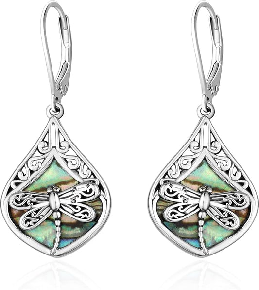Sterling Silver Abalone Shell Filigree Dangle Drop Earrings Bohemia Jewelry Gift for Women Mother Mom