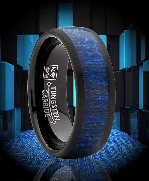 Metal Masters Men's Women's Tungsten Carbide Wedding Band Engagement Ring, Real Brown Or Blue Wood Inlay, Comfort Fit 8mm