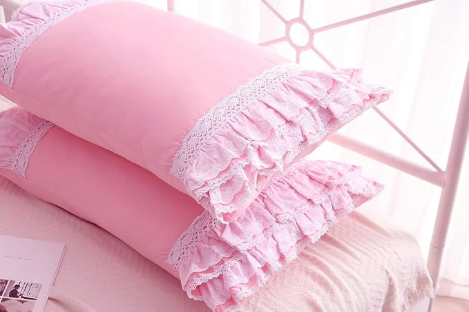 2-Pack Pink Pillow Shams Cases Covers with Ruffles and Lace Cotton King Size 20"X36"Soft Boudoir Luxurious