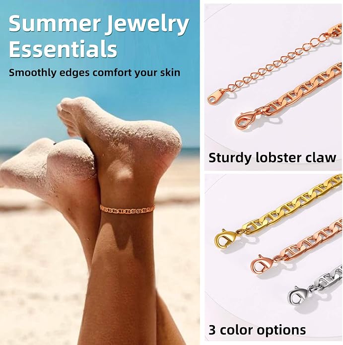 GoldChic Adjustbale Link Chain Anklet for Women Summer Jewelry, 316L Stainless Steel Figaro/Wheat/Twist Rope/Cuban Foot Bracelet-Waterproof, Resizable 9"-12" (Gift Box Included)