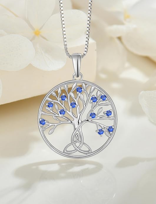 Celtic Knot Tree Necklace 925 Sterling Silver Tree of Life Pendant Birthstone Jewelry for Women