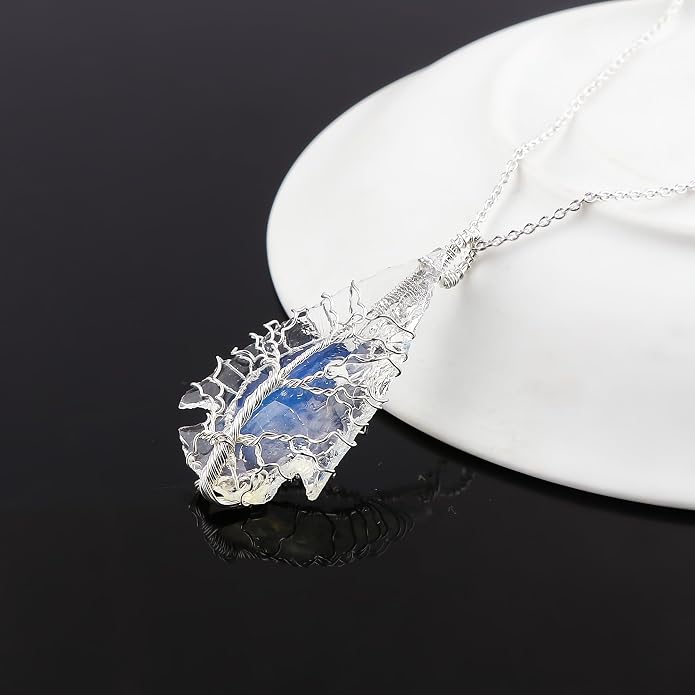 Silver Plated Wire Wrapped Pendant Necklace, Sea Glass Stones, Handmade Jewelry, Healing Crystals, Hammered Pendant, Birthday Gift for Women, Adjustable Chain 16+2inch