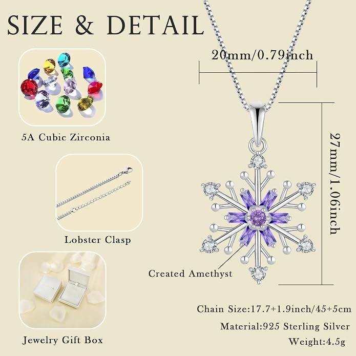 925 Sterling Silver Snowflake Necklace Birthstone Snowflake Pendant Necklaces for Women Cubic Zirconia Christmas Jewelry